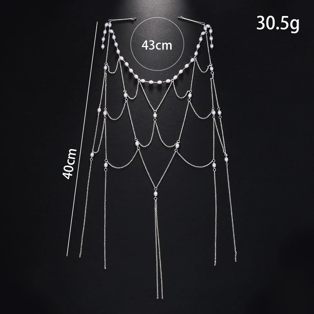 Bridal Mesh Tassel Hair Chain Headband Wedding Dress Accessories Fashion Indian Lady Imitation Pearl Headpiece Hat Wig Jewelry